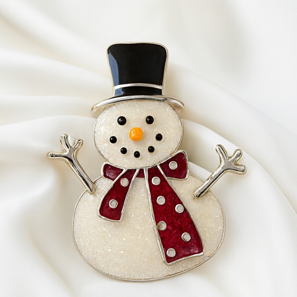 Festive Snowman Brooch – Glitter Enamel Pin w/ Top Hat, Red Scarf & Silver Arms